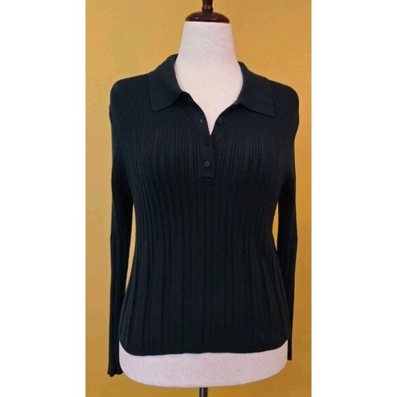 Calvin Klein Women Size L Dark Green Ribbed Collared Pullover Buttoned Sweater - Picture 1 of 9